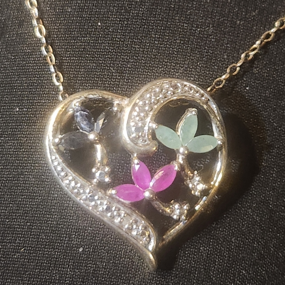 Elegant Heart Pendant Necklace with Emerald Ruby Sapphire Diamond Accents